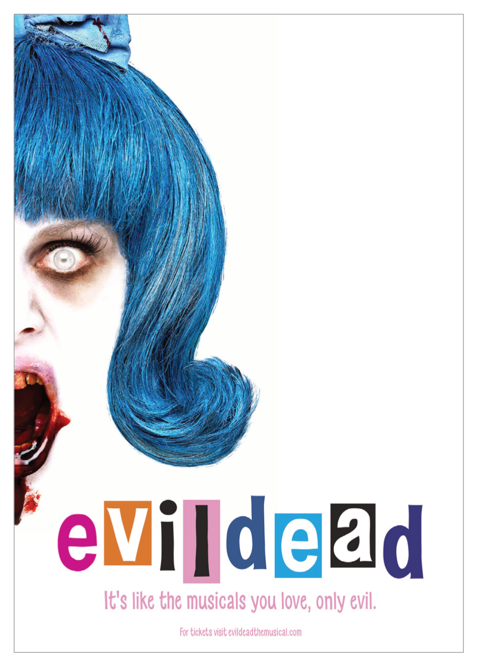 An Evil Dead parody poster of Hair Spray. The woman with blue hair’s face looks like a zombie. Poster reads Evil Dead. It's like the musicals you love, only evil.