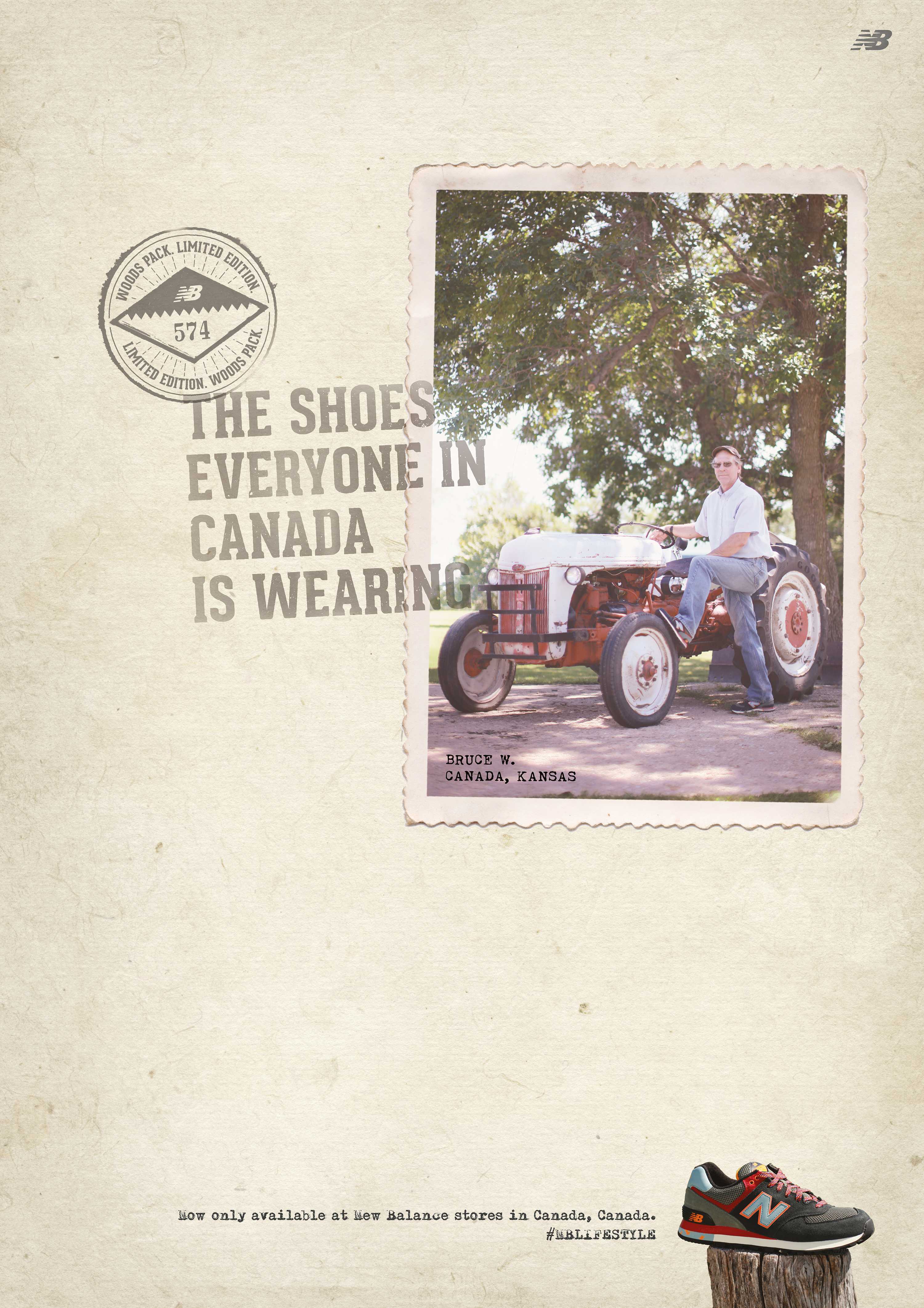 In-store Poster advertising New Balance 574 Woods Pack Shoe. Headline reads: The shoes everyone in Canada is wearing.